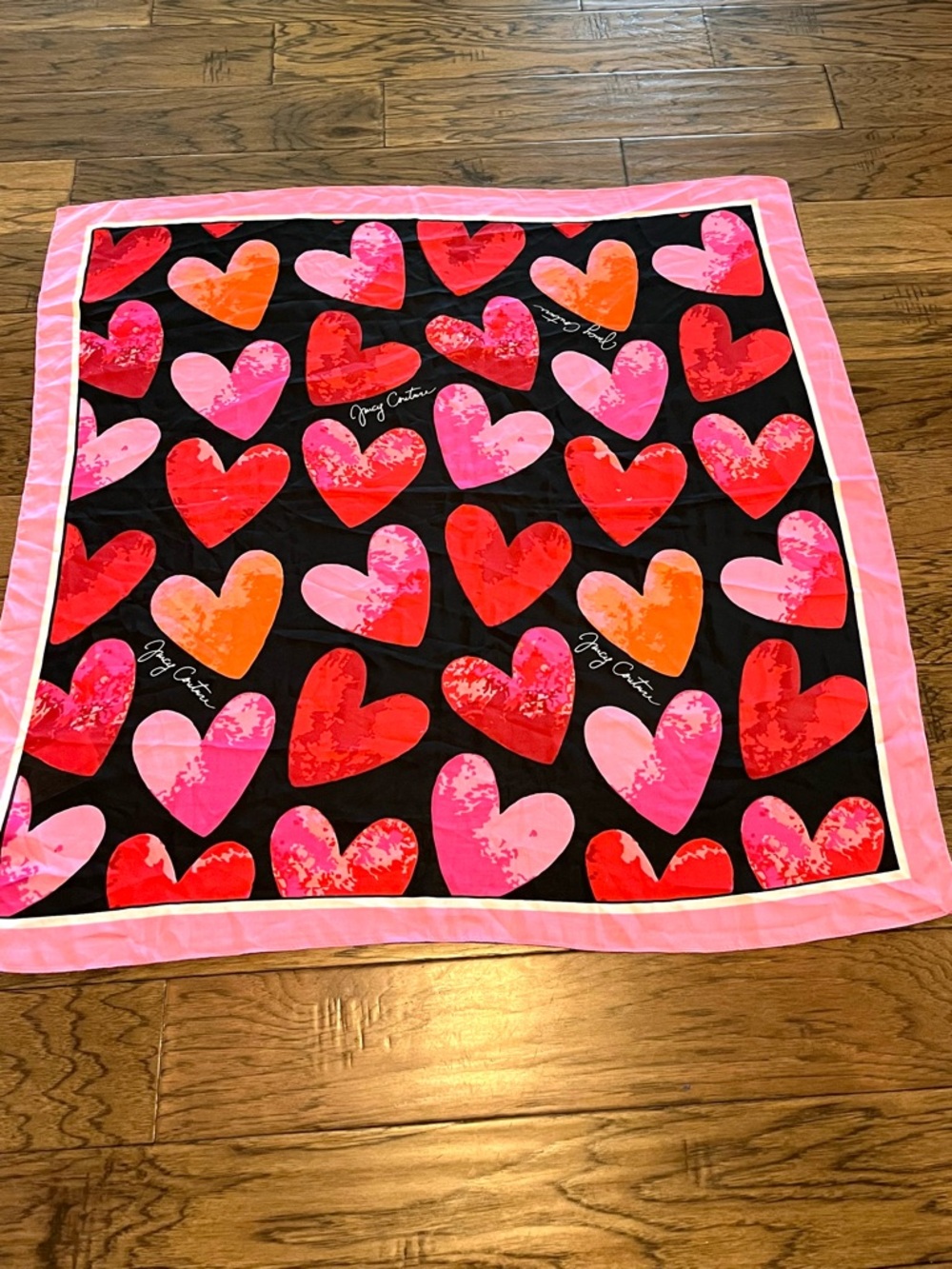 Juicy Couture Black Scarf with Pink and Red and Orange Heart Motifs Bold